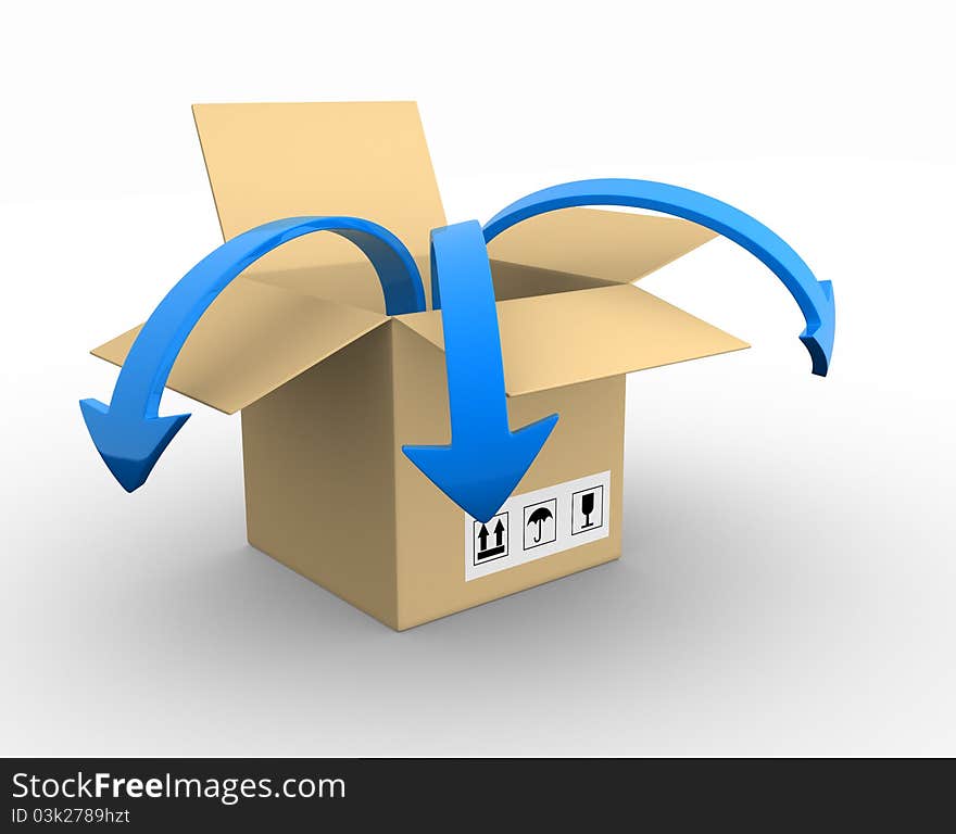 Open box with blue arrow - 3d render illustration. Open box with blue arrow - 3d render illustration