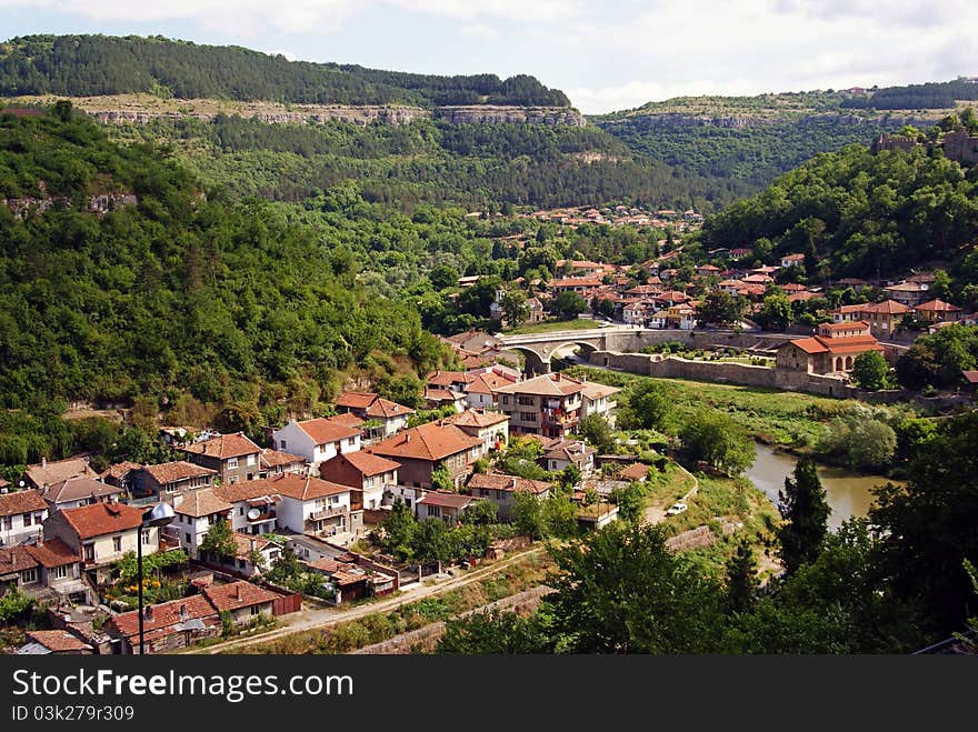 View of Yantra river and bridge near Veliko Tarnovo former capital of Bulgaria from the Trapezista fortress. View of Yantra river and bridge near Veliko Tarnovo former capital of Bulgaria from the Trapezista fortress