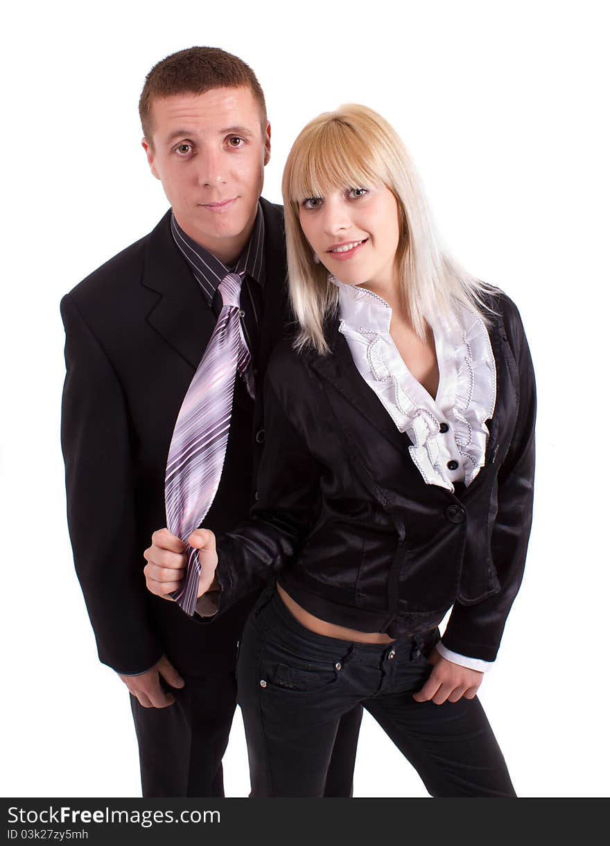 Woman pulls tie worried man. Woman pulls tie worried man