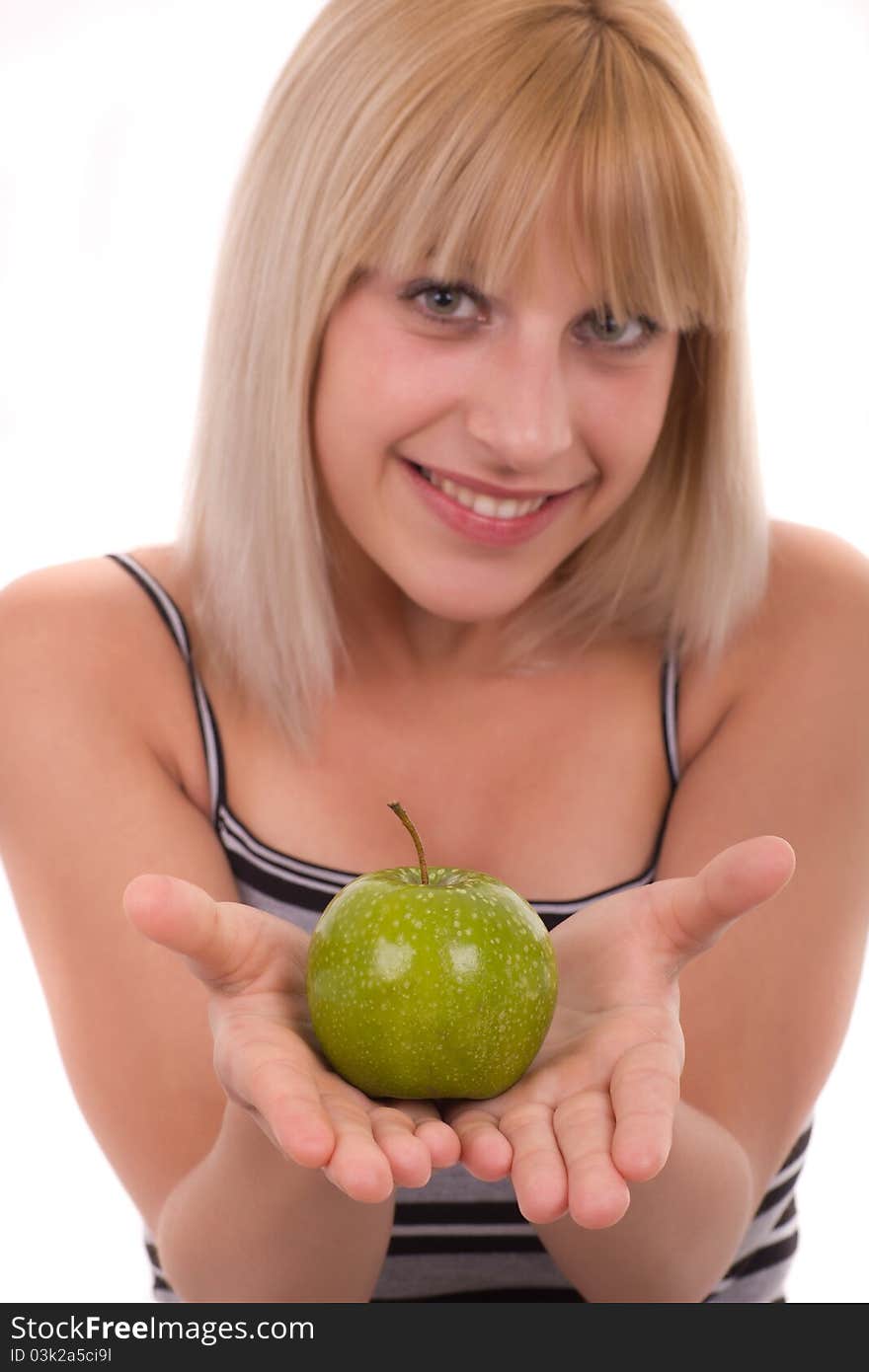 Woman holds green apple isolated. Woman holds green apple isolated