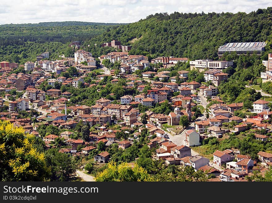 Nort part of Veliko Tarnovo - the former capital of Bulgaria - aerial panorama from Trapezista ancient citadel. Nort part of Veliko Tarnovo - the former capital of Bulgaria - aerial panorama from Trapezista ancient citadel