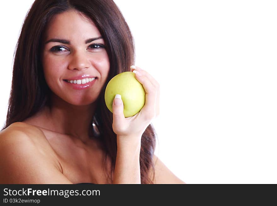 Woman hold apple in hands isolated on white. Woman hold apple in hands isolated on white