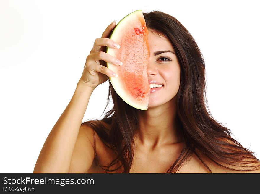 Woman hold watermelon in hands isolated on white. Woman hold watermelon in hands isolated on white