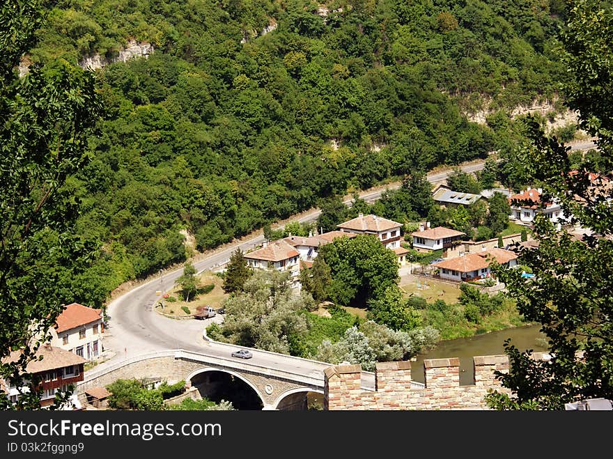 View of Yantra river and bridge near Veliko Tarnovo former capital of Bulgaria from the Trapezista fortress. View of Yantra river and bridge near Veliko Tarnovo former capital of Bulgaria from the Trapezista fortress