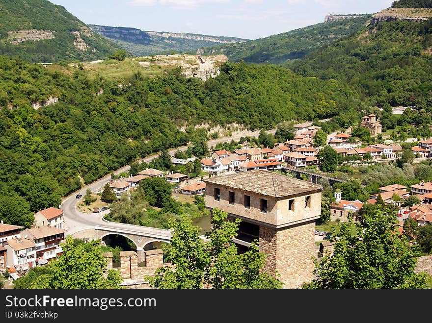 View of Yantra river and bridge near Veliko Tarnovo former capital of Bulgaria from the Trapezista fortress. View of Yantra river and bridge near Veliko Tarnovo former capital of Bulgaria from the Trapezista fortress