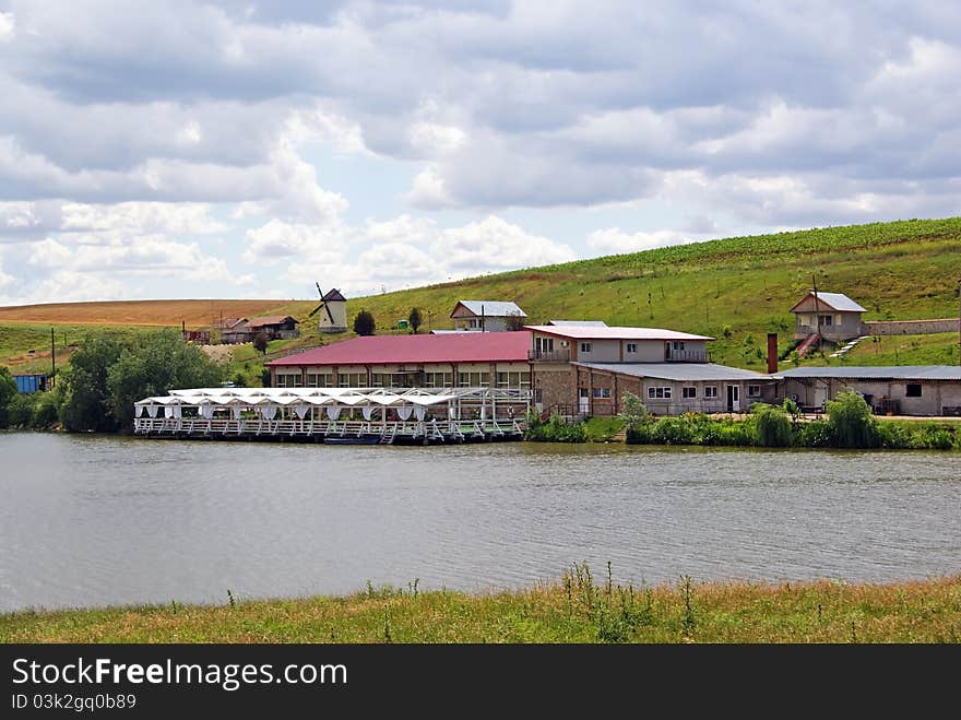 Lake terrace and restaurant near the hill. Lake terrace and restaurant near the hill