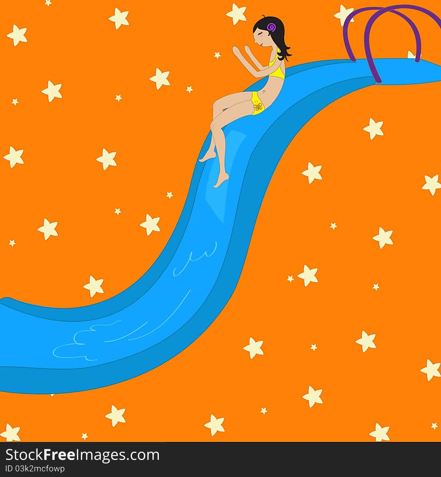 Vector Illustration of funny Kiddie style design summer background with Attractive girl on the waterslide