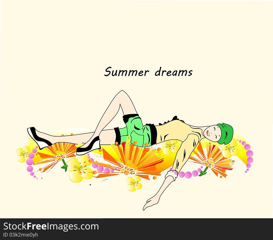 Girl relaxing on summer cover from flowers. Girl relaxing on summer cover from flowers