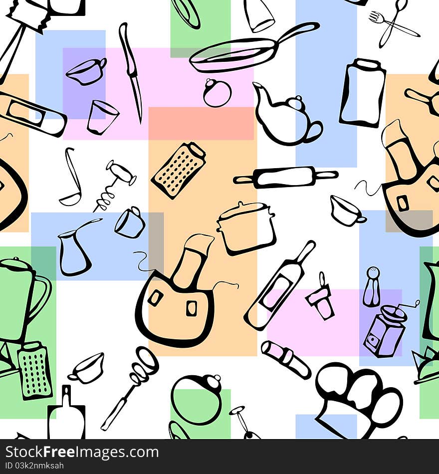 Seamless pattern with kitchen stuff and colored rectangles