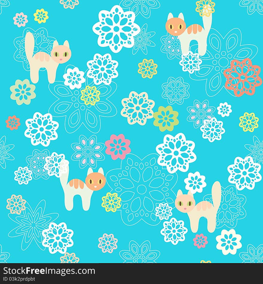 Seamless flowers and cats background.