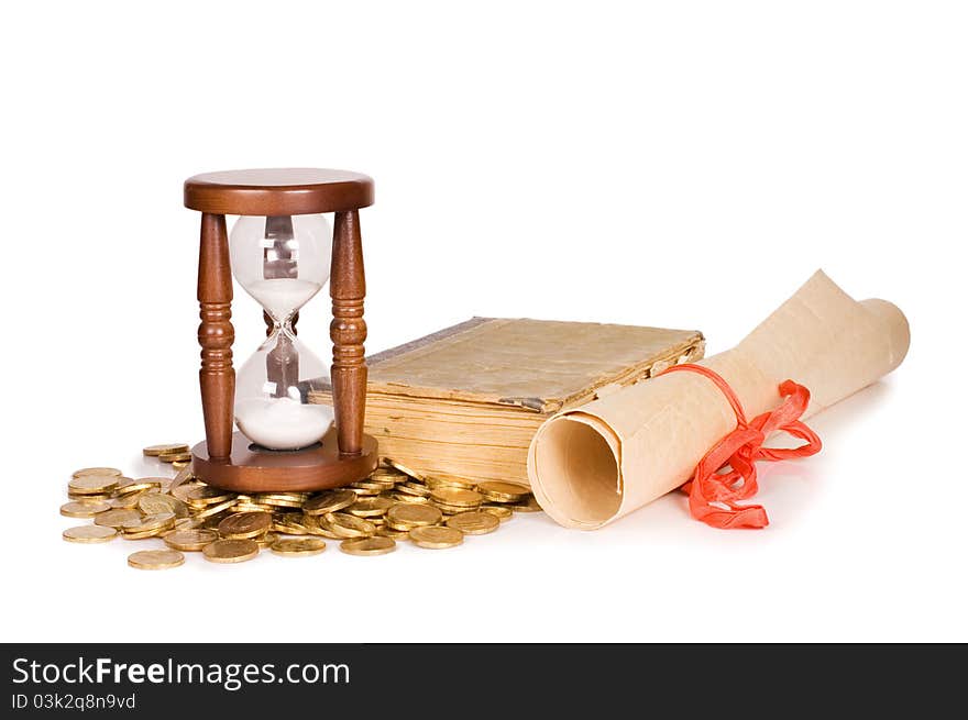 Hourglasses and book isolated on white background