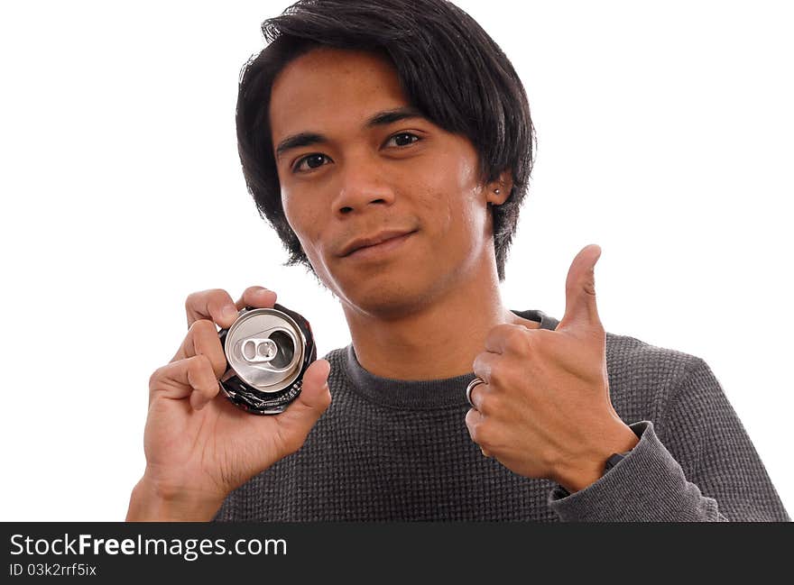 Man With Crushed Can For Recycling. Man With Crushed Can For Recycling