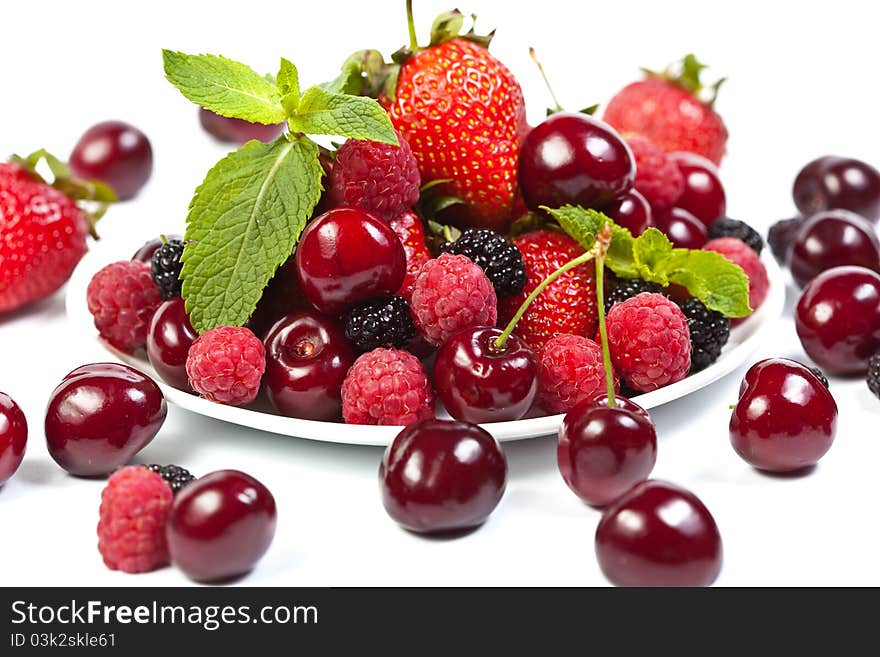 Mulberry, strawberry, raspberry, cherry on white background. Mulberry, strawberry, raspberry, cherry on white background