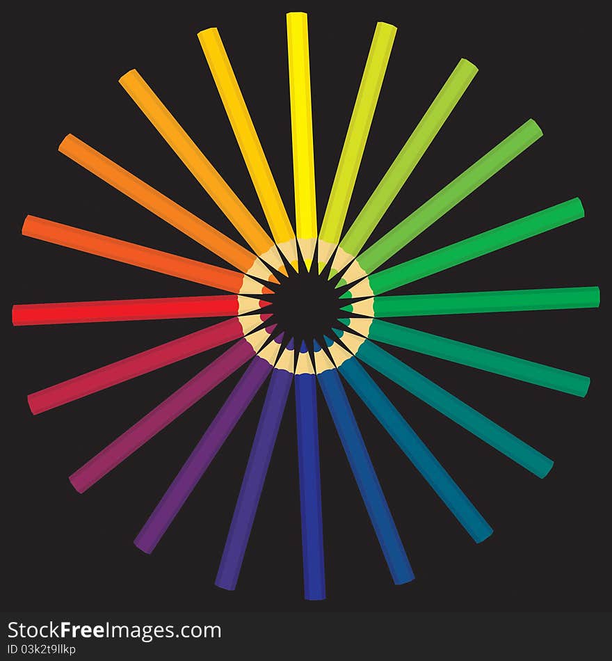 A pencils laid out the color wheel. A pencils laid out the color wheel