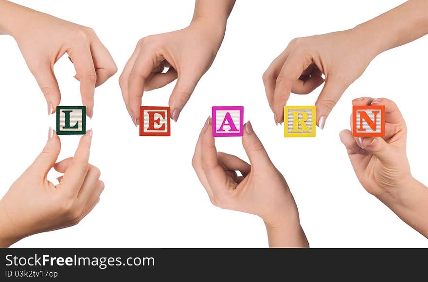 Hand and word Learn isolated on white background