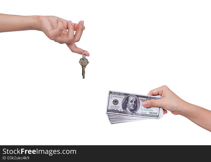 Human hand hold money and keys isolated on white background. Human hand hold money and keys isolated on white background