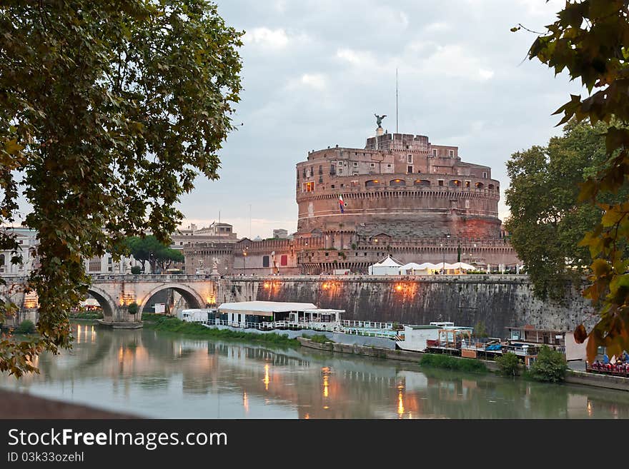 Evening view at the Angelo Castle in Rome, Italy