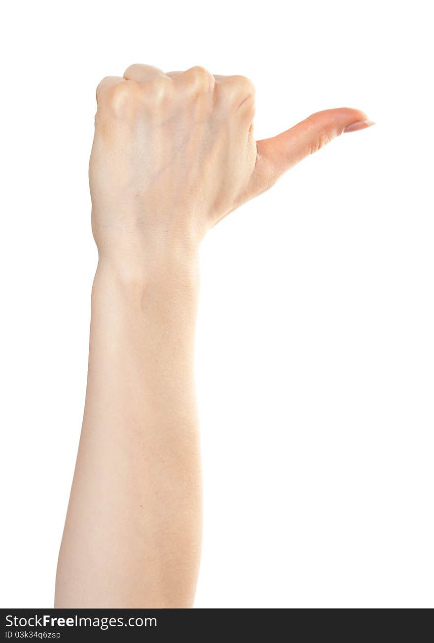 Woman hand pointing right with a thumb