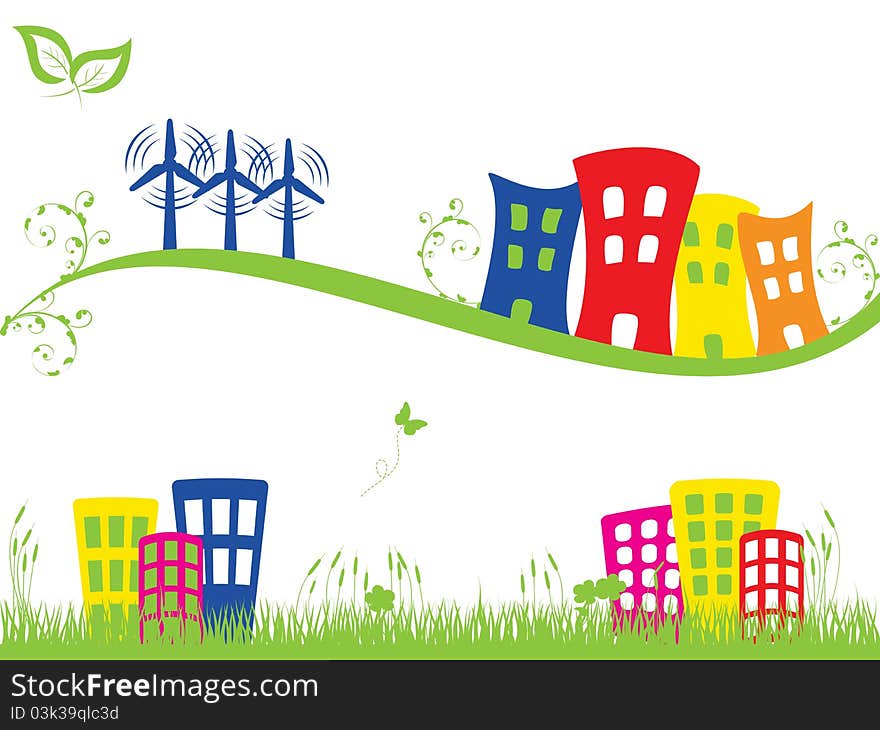 Green City With Wind Turbines