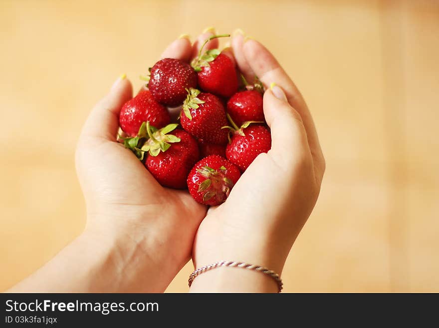 Ripe strawberries in the hands. Ripe strawberries in the hands