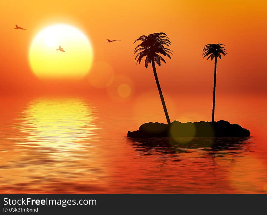 Desert island with palms into ocean / travel background