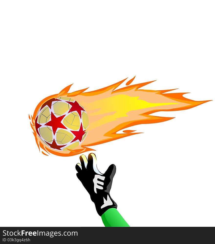 Fiery soccer ball and goalkeeper hand on the white background, illustration. Fiery soccer ball and goalkeeper hand on the white background, illustration