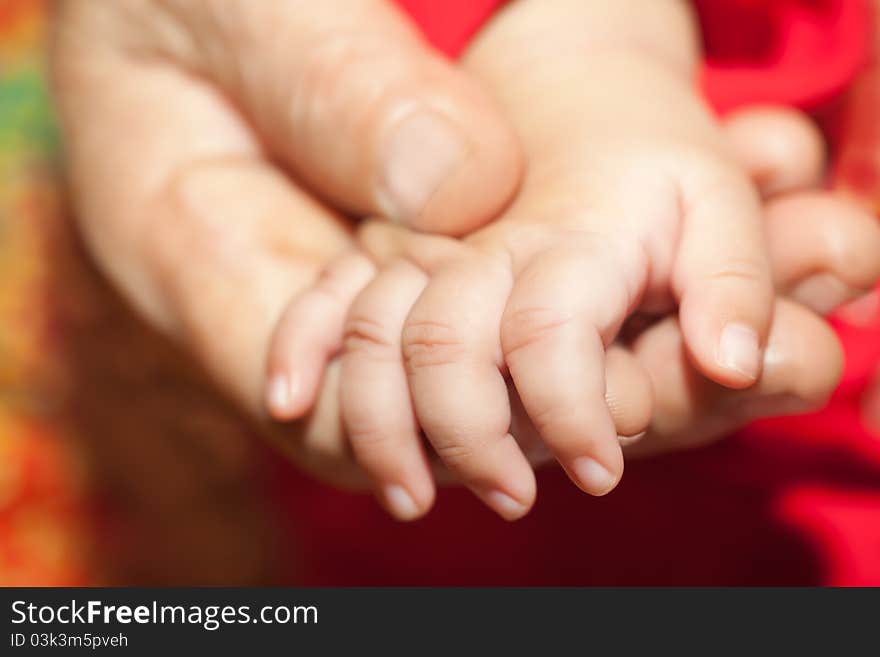 Grandmom hand holding her infant hand. Grandmom hand holding her infant hand