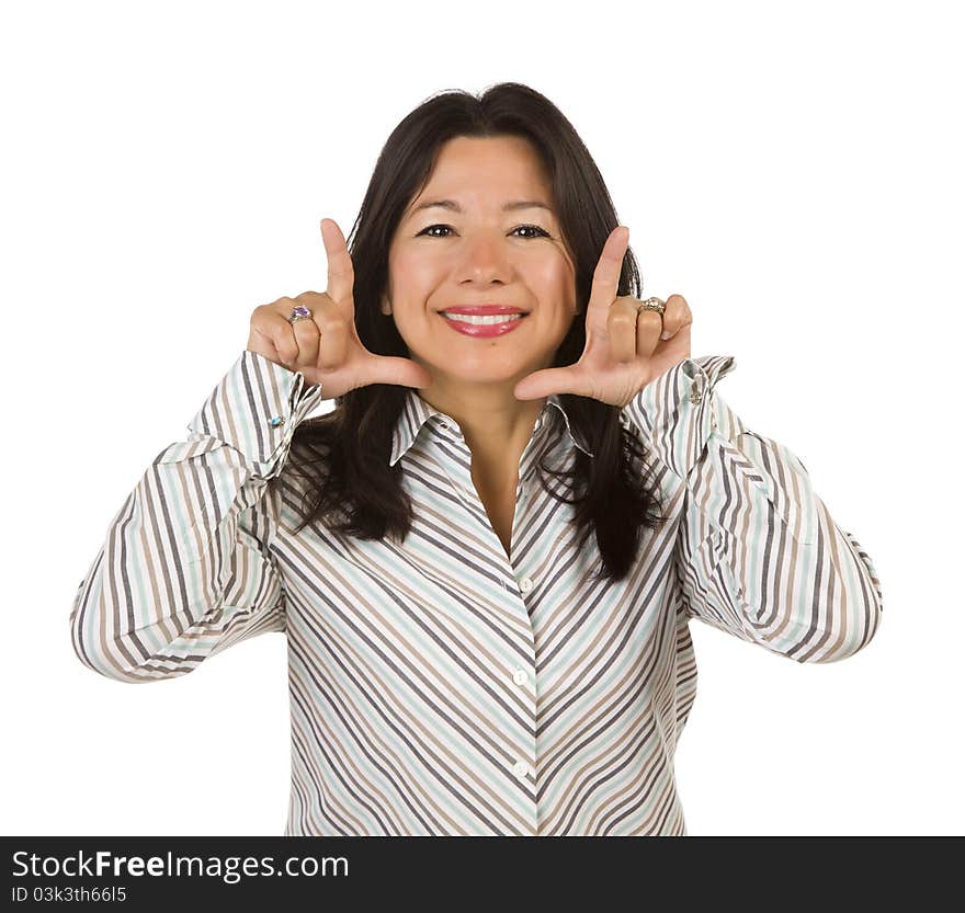 Attractive Multiethnic Woman with Hands Framing Her Face Isolated on a White Background. Attractive Multiethnic Woman with Hands Framing Her Face Isolated on a White Background.