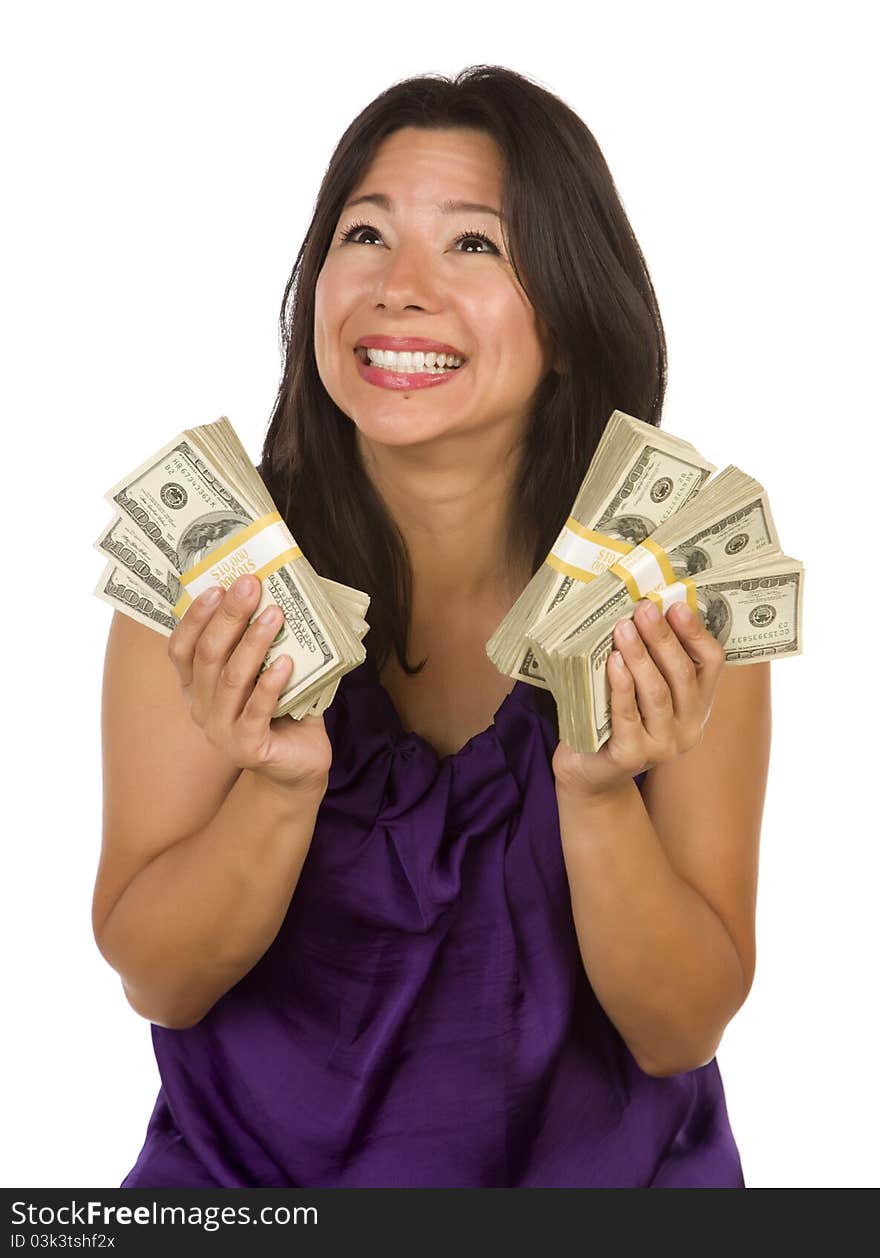 Excited Attractive Multiethnic Woman Holding Hundreds of Dollars Isolated on a White Background. Excited Attractive Multiethnic Woman Holding Hundreds of Dollars Isolated on a White Background.