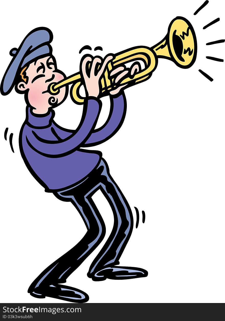 A guy's playing a song on his trumpet.