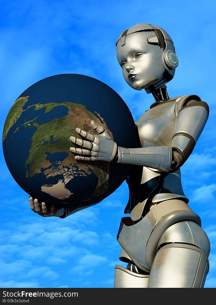 The robot with a globe in his hands. The robot with a globe in his hands.