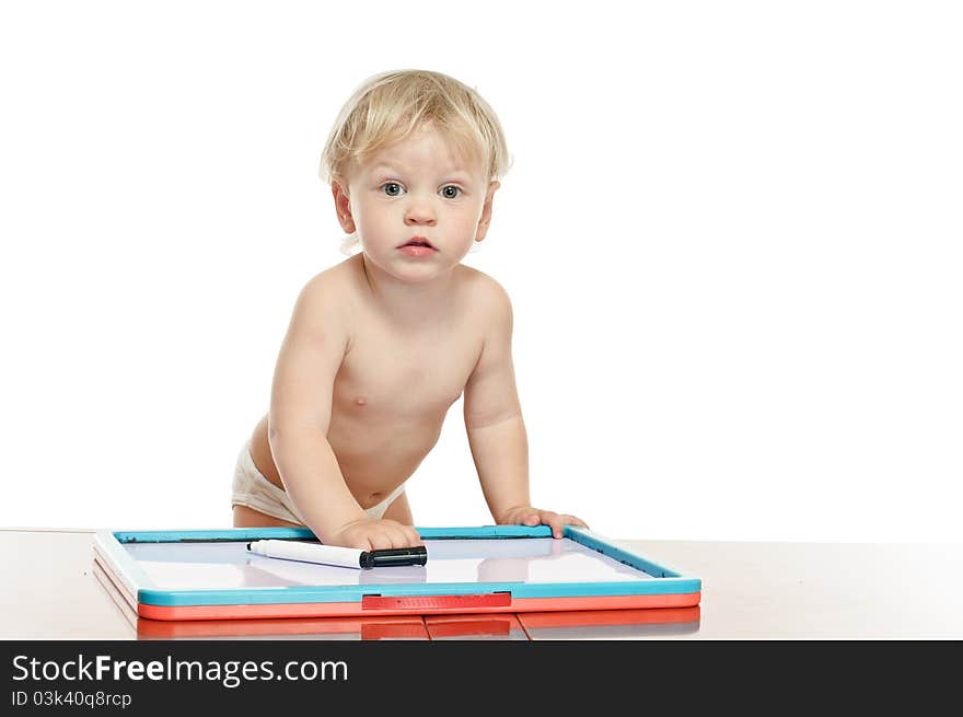 Little boy with draw desk