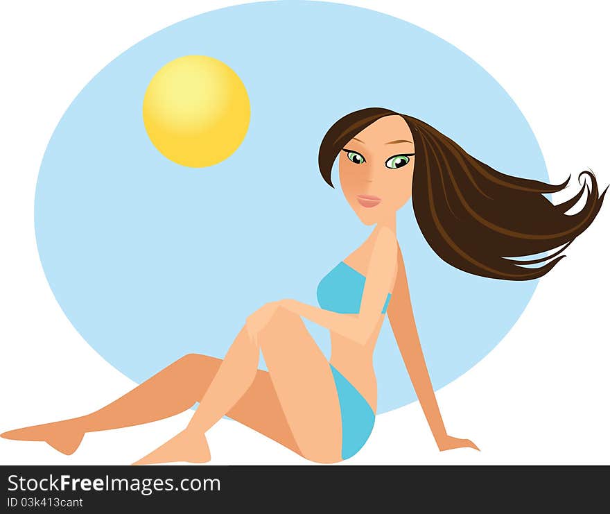 Editable vector illustration of girl on the sunny beach. Editable vector illustration of girl on the sunny beach