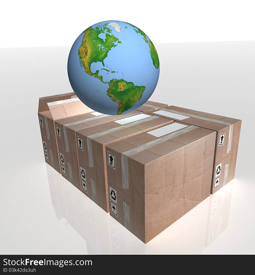 3D-rendering of a globe on cartons