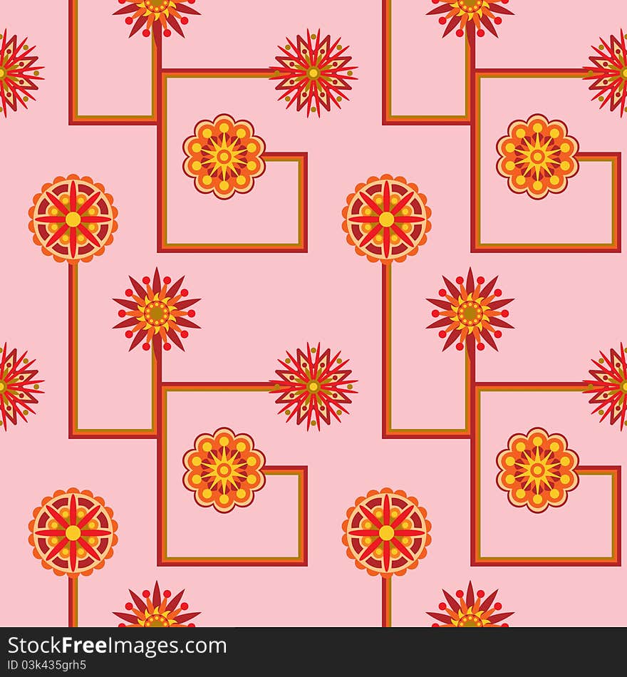 A retro style seamless wallpaper pattern featuring four different kinds of flowers and geometric lines. A retro style seamless wallpaper pattern featuring four different kinds of flowers and geometric lines.