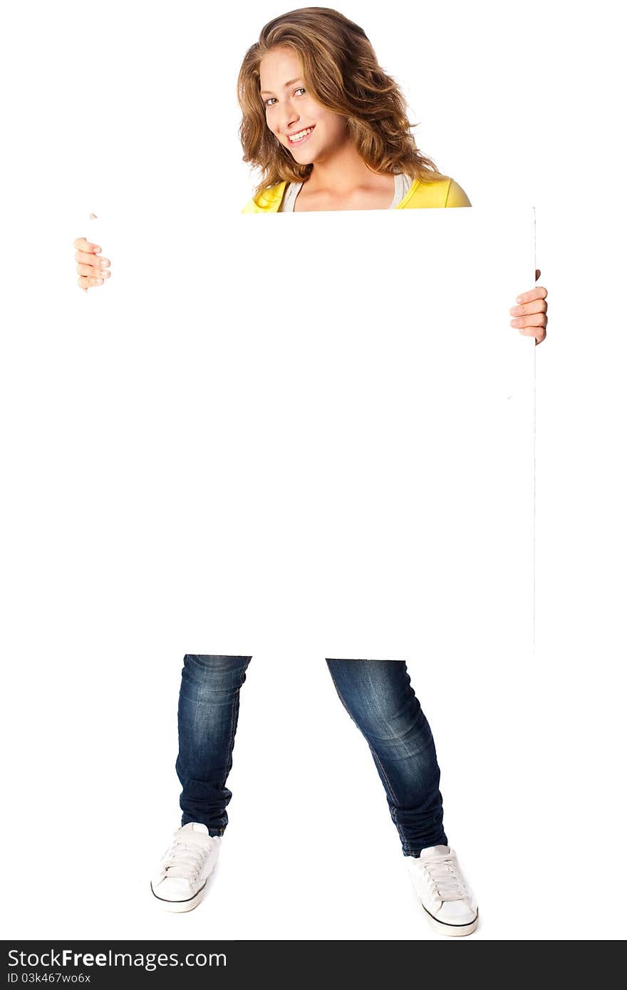 Beautiful woman holding empty white board isolated on white background.