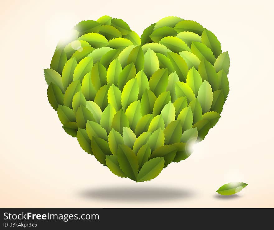 Heart made from green leaves on vintage background - illustration. Heart made from green leaves on vintage background - illustration