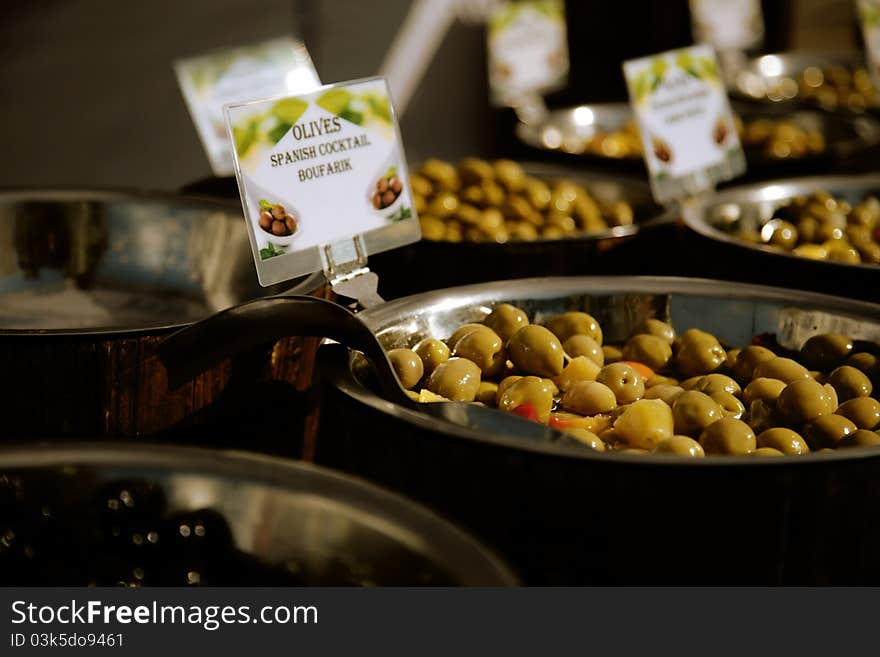 Green olives for sale in the market