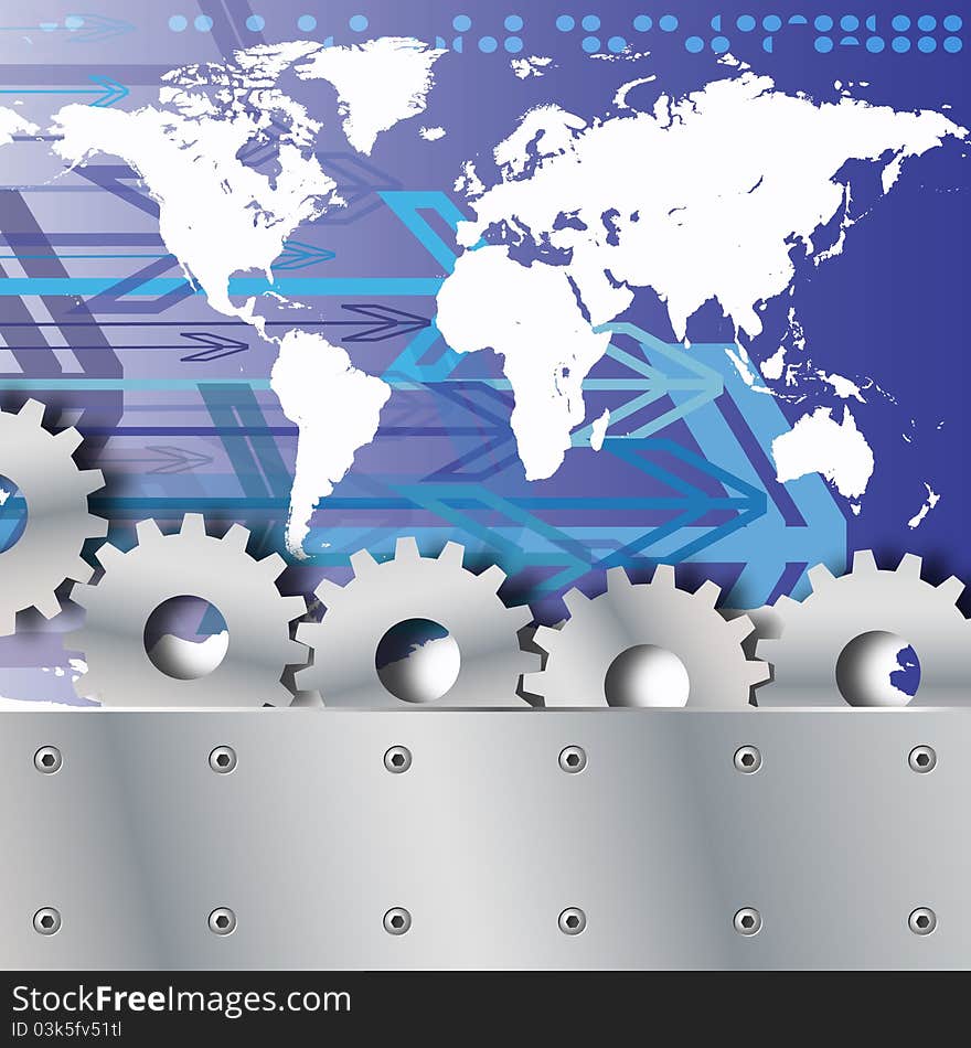 Metal plate and gears world map with arrows background