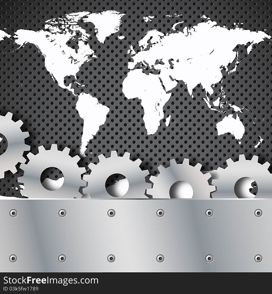 Metal plate and gears world map background