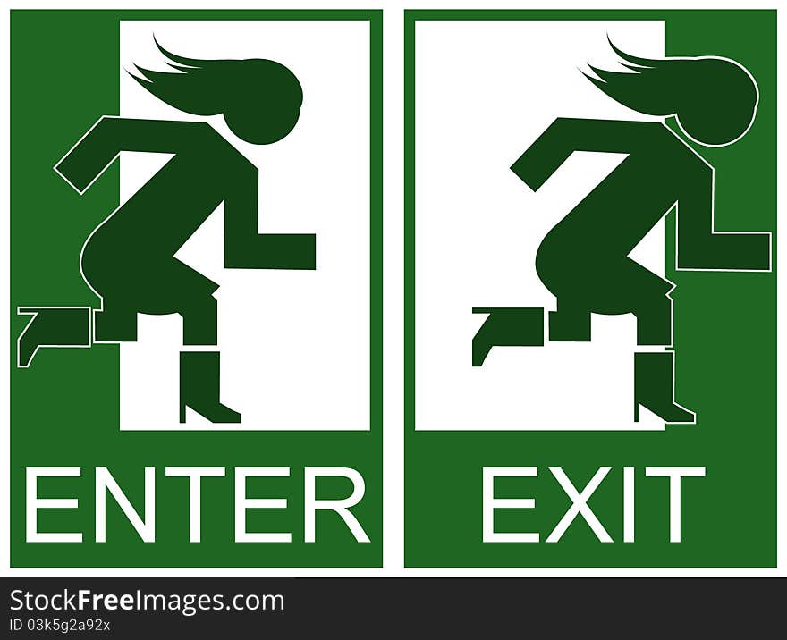 Green emergency exit and enter sign, icon and symbol background