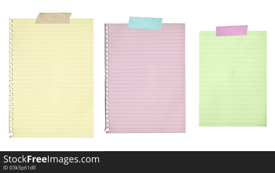 Collection of blank paper stuck with tape isolated on white