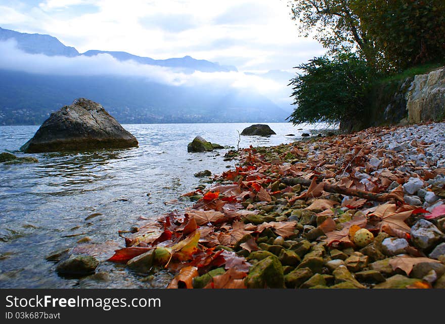 Autumn on lake, the French Alpes, the Alpine lake