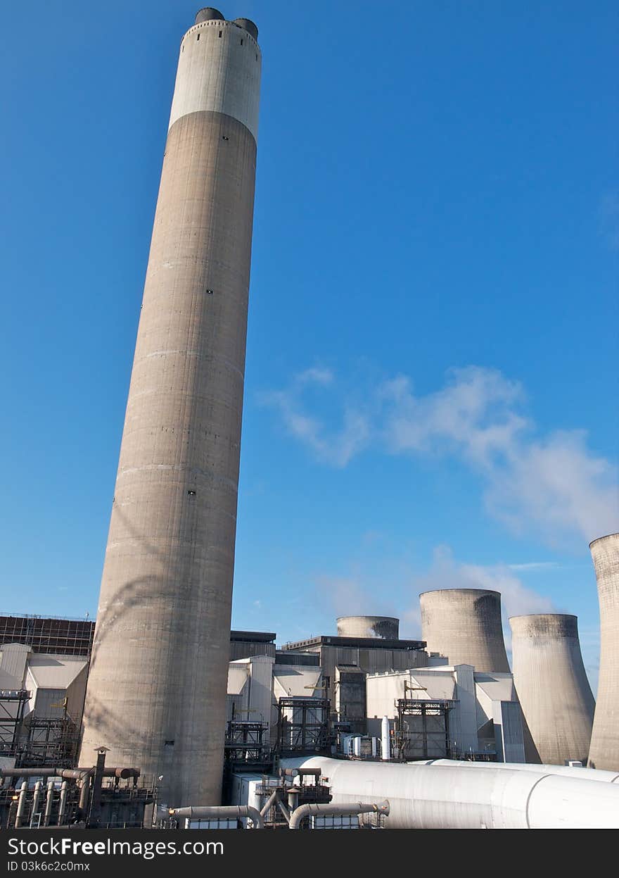 Coal fired power station chimney and cooling towers