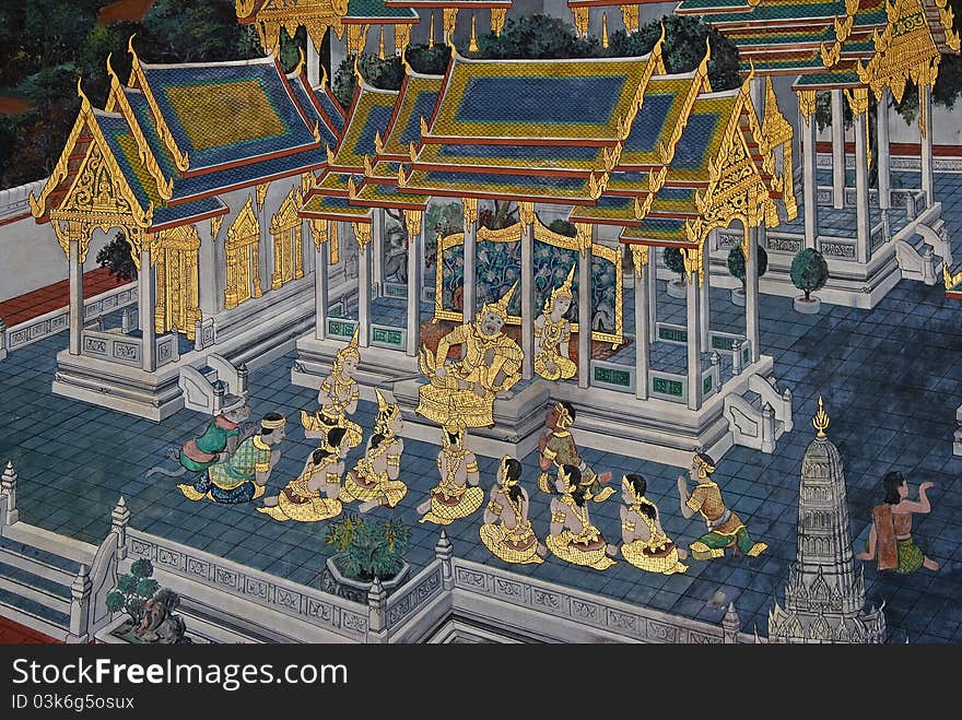 Thai Mural Painting on the wall, Wat Phra Kaew, Bangkok, Thailand (Ramayana story). The temple is created with money donated by people it is public domain and open to the public Visits.