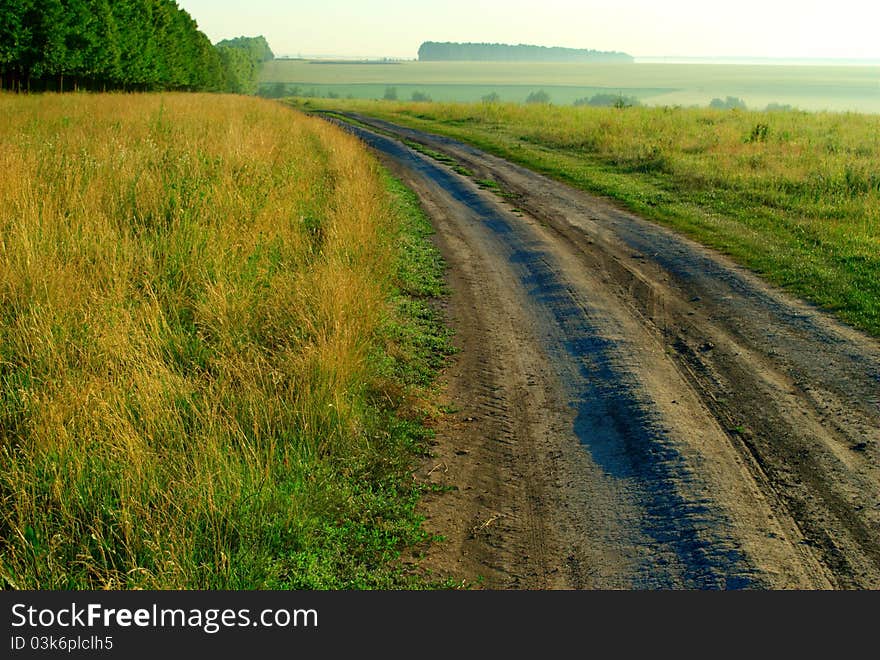 The road passes through the field