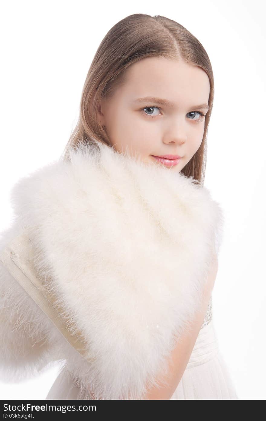 Closeup portrait of young blond little girl standing isolated on white background. Closeup portrait of young blond little girl standing isolated on white background