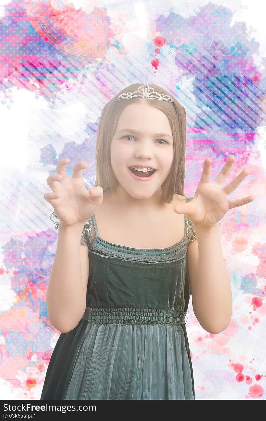 Young little kid in long dress wearing artistic crown with teeth dental braces and isolated over white background. Young little kid in long dress wearing artistic crown with teeth dental braces and isolated over white background