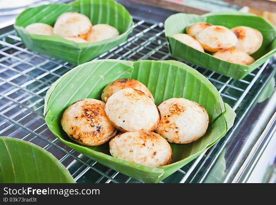 Thai traditional coconut milk dessert on banana leaf