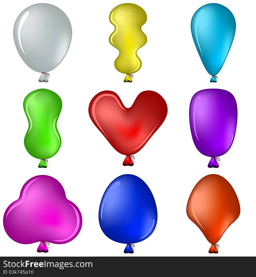 Set of isolated on white various balloons all colours of a rainbow